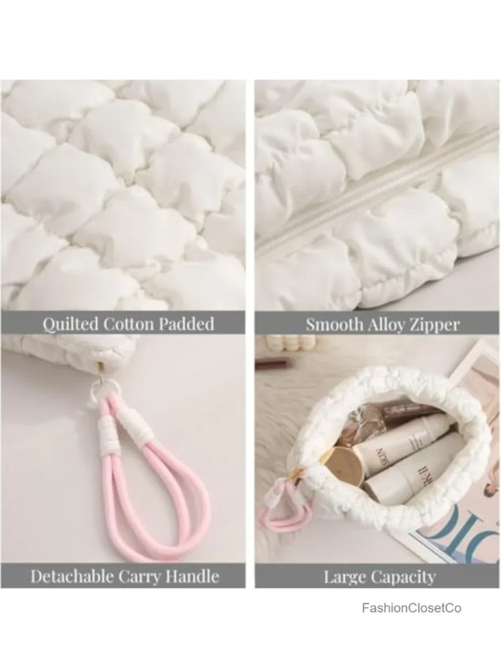 Puffer Quilted Makeup Bag with Detachable Wrist Strap, Small Cosmetic Pouch for